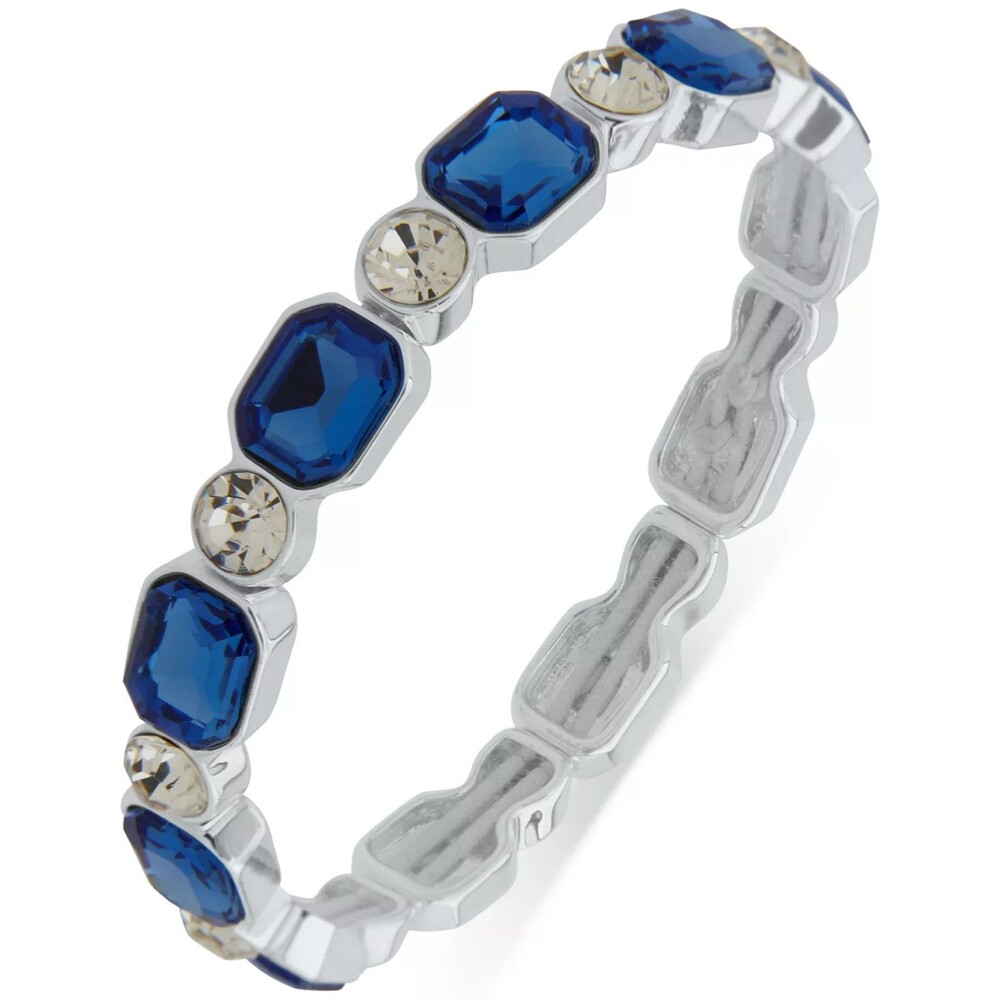Anne Klein Silver Tone Stretch Bracelet Blue Glass Crystal Stones